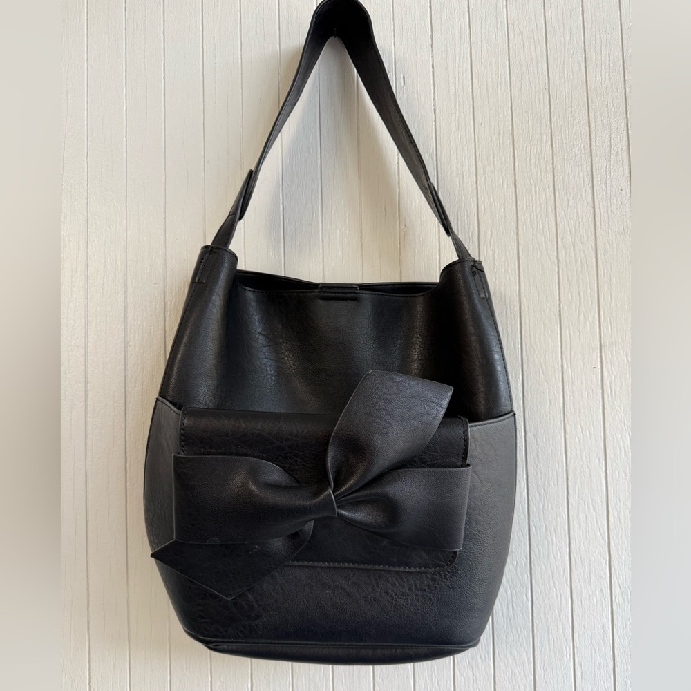 Anthropologie Black Leather-like Bag with Bow Clutch